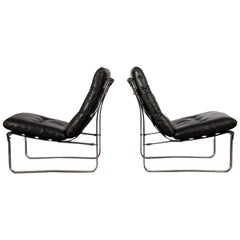 Vintage Pair of Mid-Century Modern, Black Leather Spring Lounge Chairs by Ingmar Relling