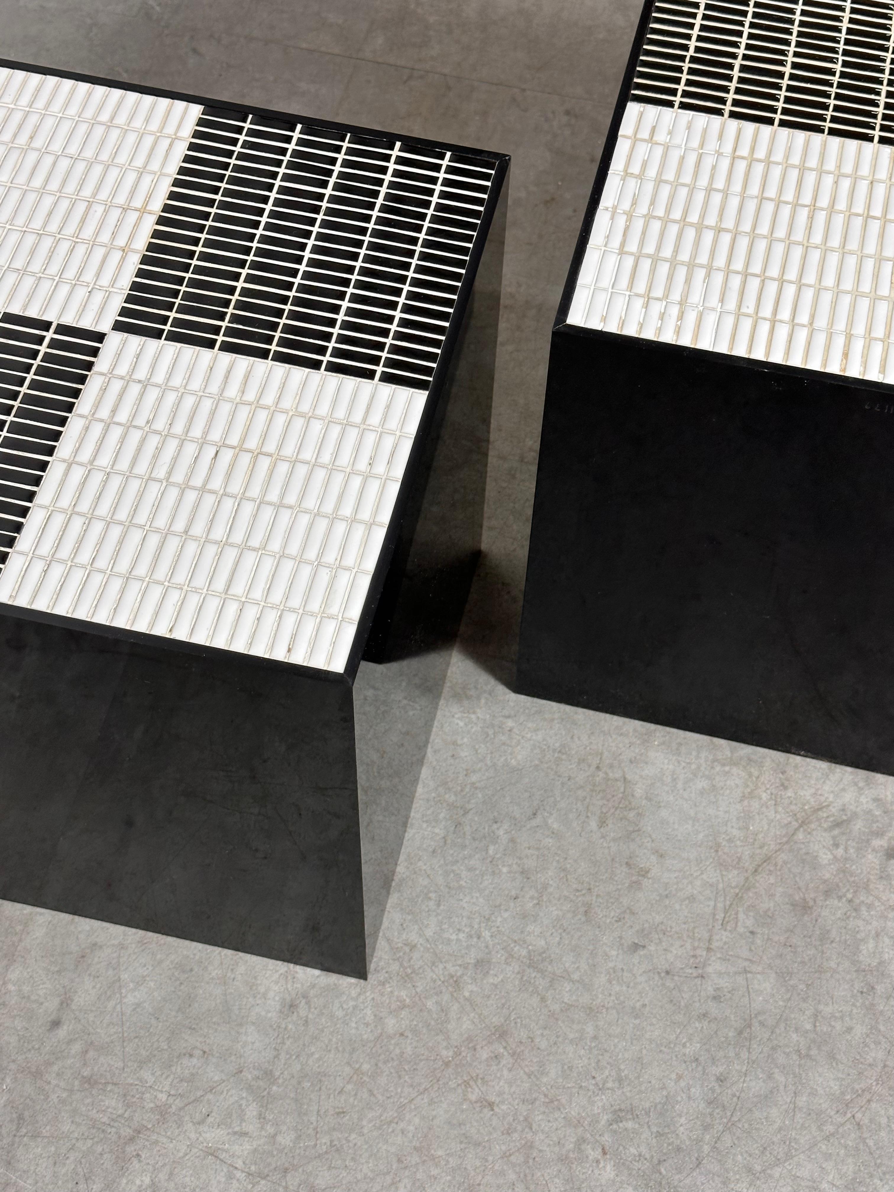 Pair Post Modern Black & White Smoked Lucite Mosaic Tile Cube Side Tables 1970s 4