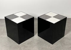 Pair Post Modern Black & White Smoked Lucite Mosaic Tile Cube Side Tables 1970s