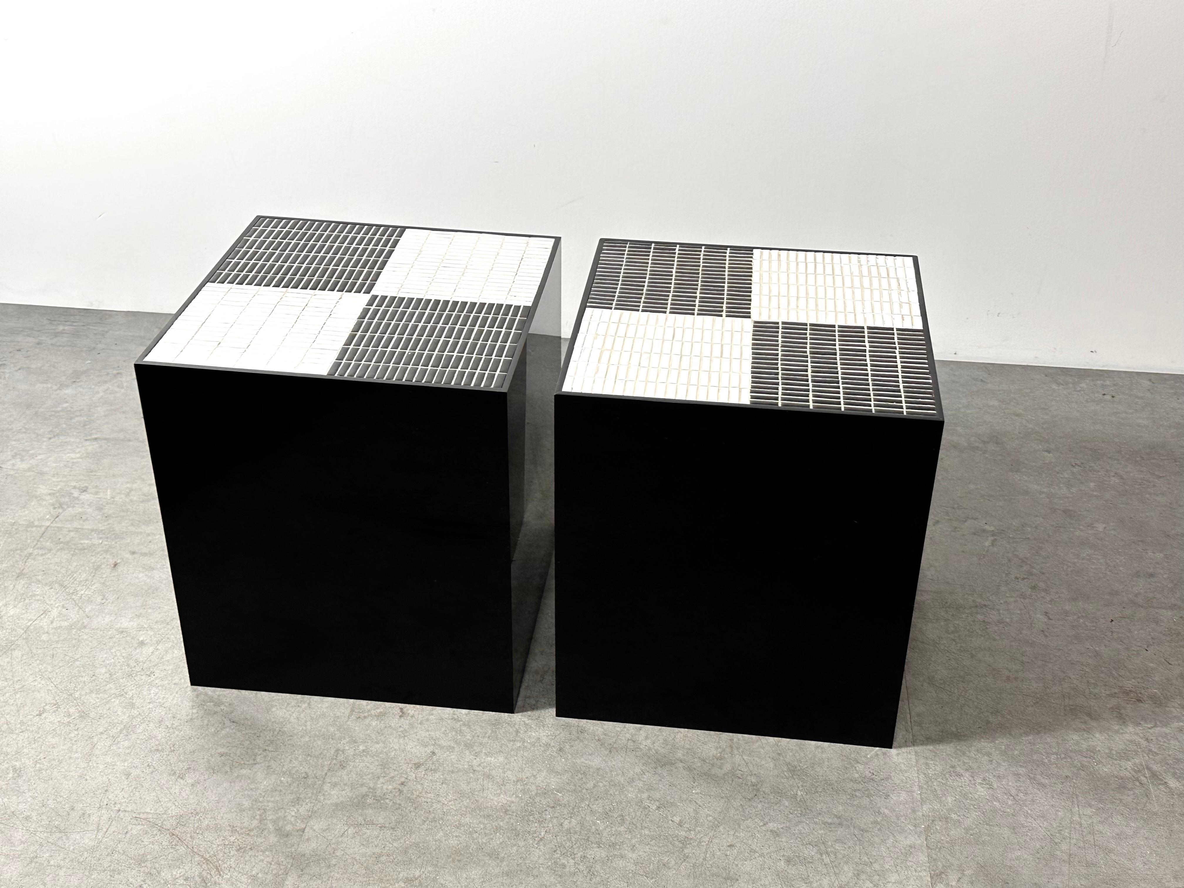 Post-Modern Pair Post Modern Black & White Smoked Lucite Mosaic Tile Cube Side Tables 1970s