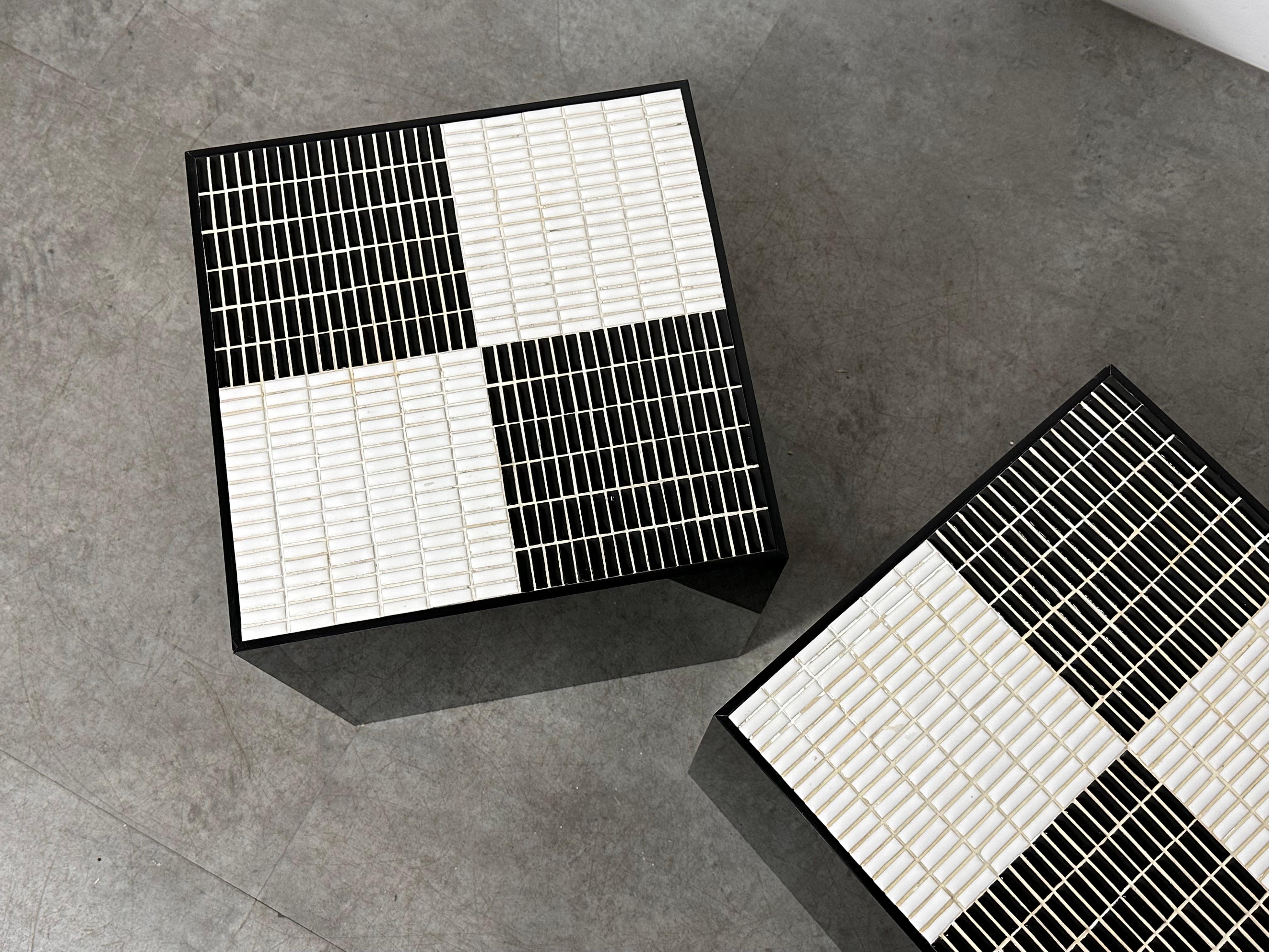 American Pair Post Modern Black & White Smoked Lucite Mosaic Tile Cube Side Tables 1970s