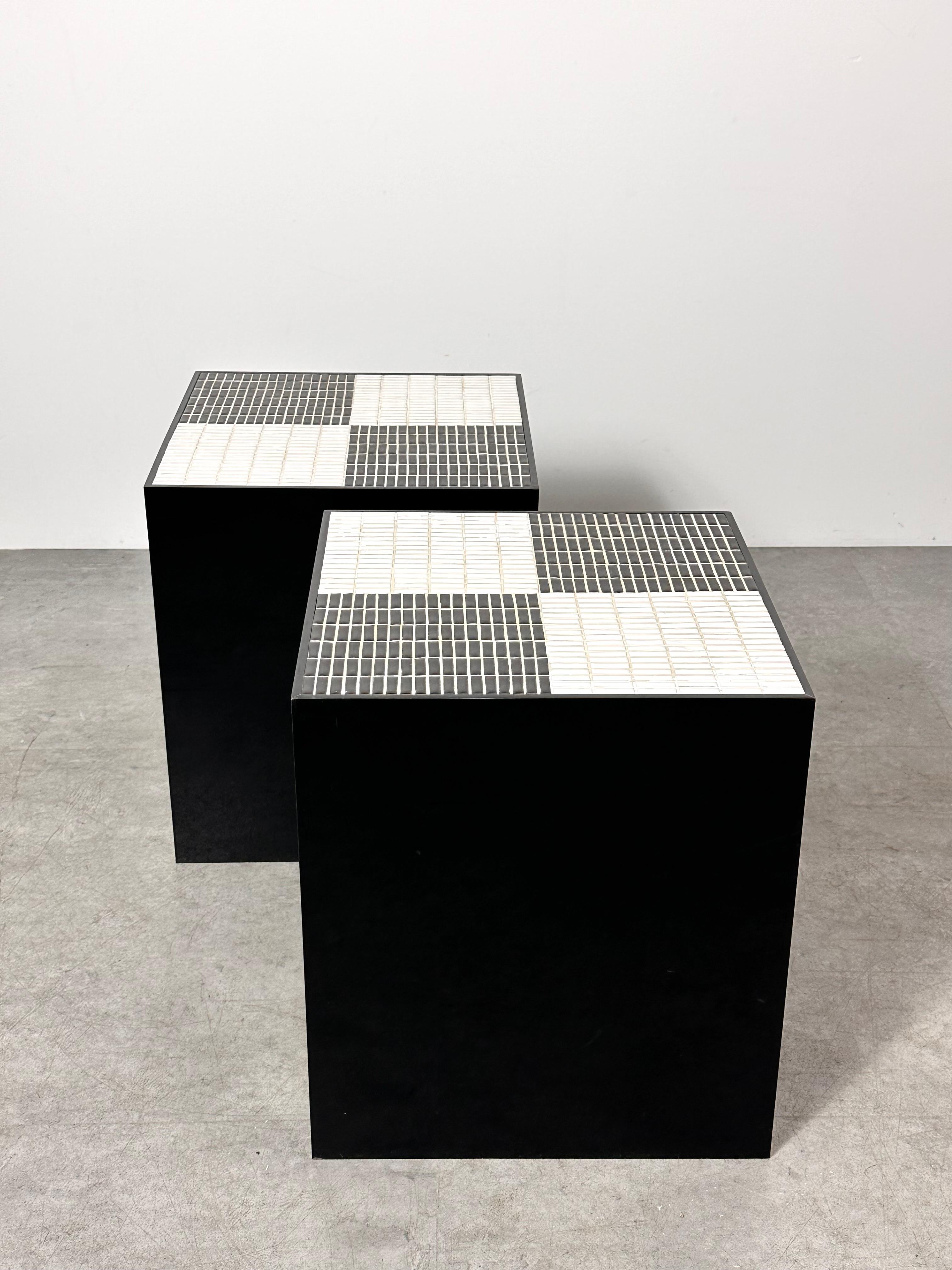 Pair Post Modern Black & White Smoked Lucite Mosaic Tile Cube Side Tables 1970s In Good Condition In Troy, MI