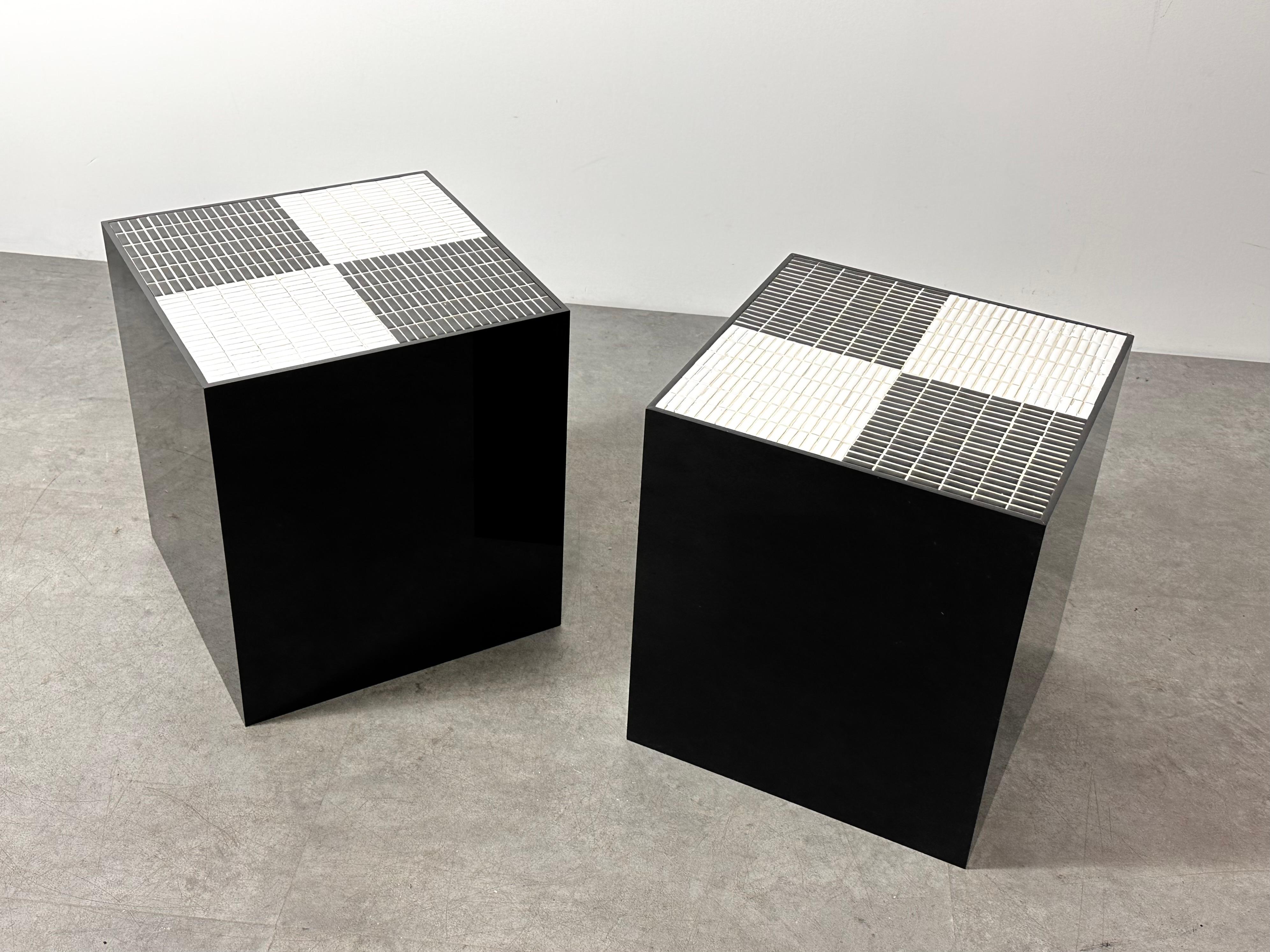 Ceramic Pair Post Modern Black & White Smoked Lucite Mosaic Tile Cube Side Tables 1970s
