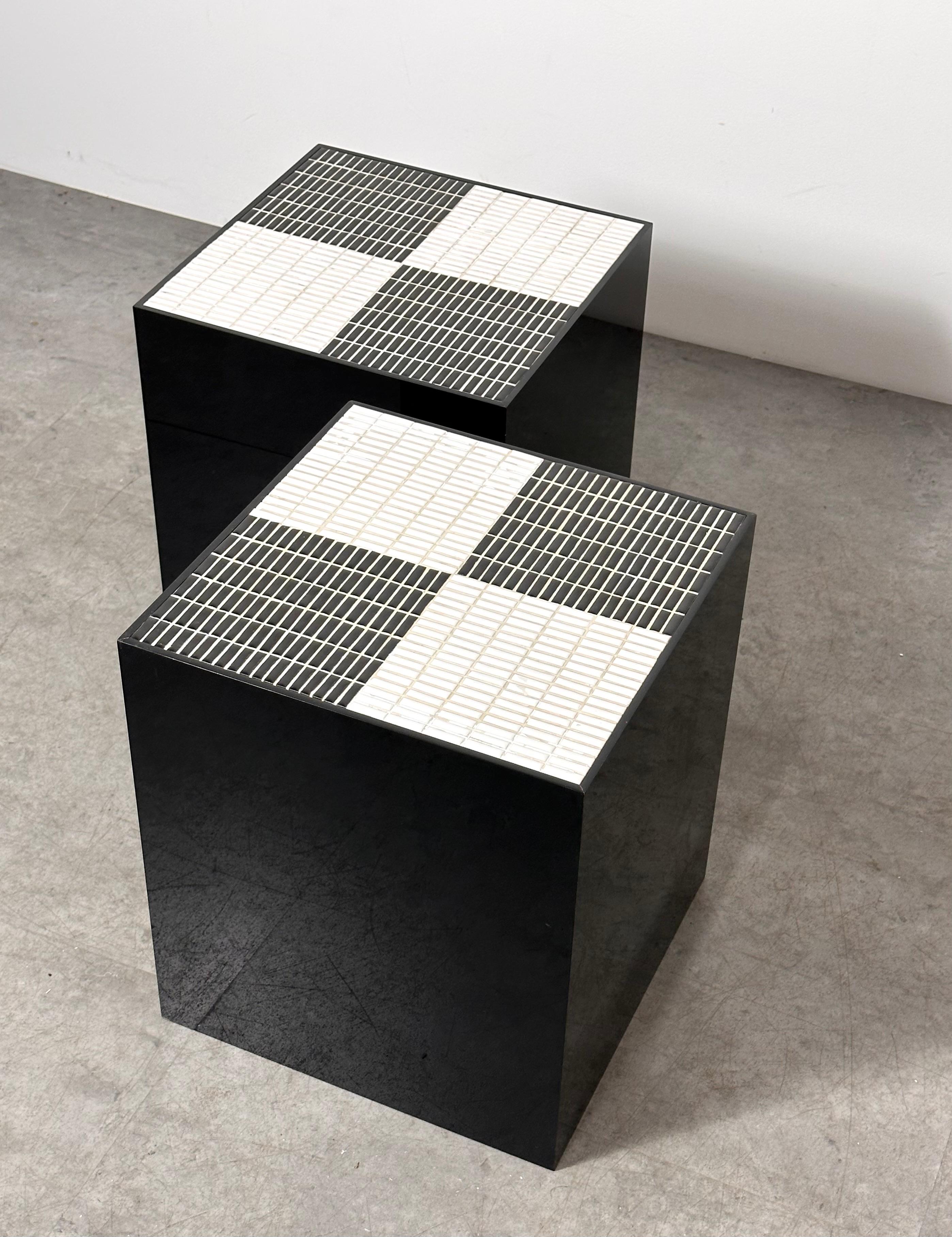 Pair Post Modern Black & White Smoked Lucite Mosaic Tile Cube Side Tables 1970s 1