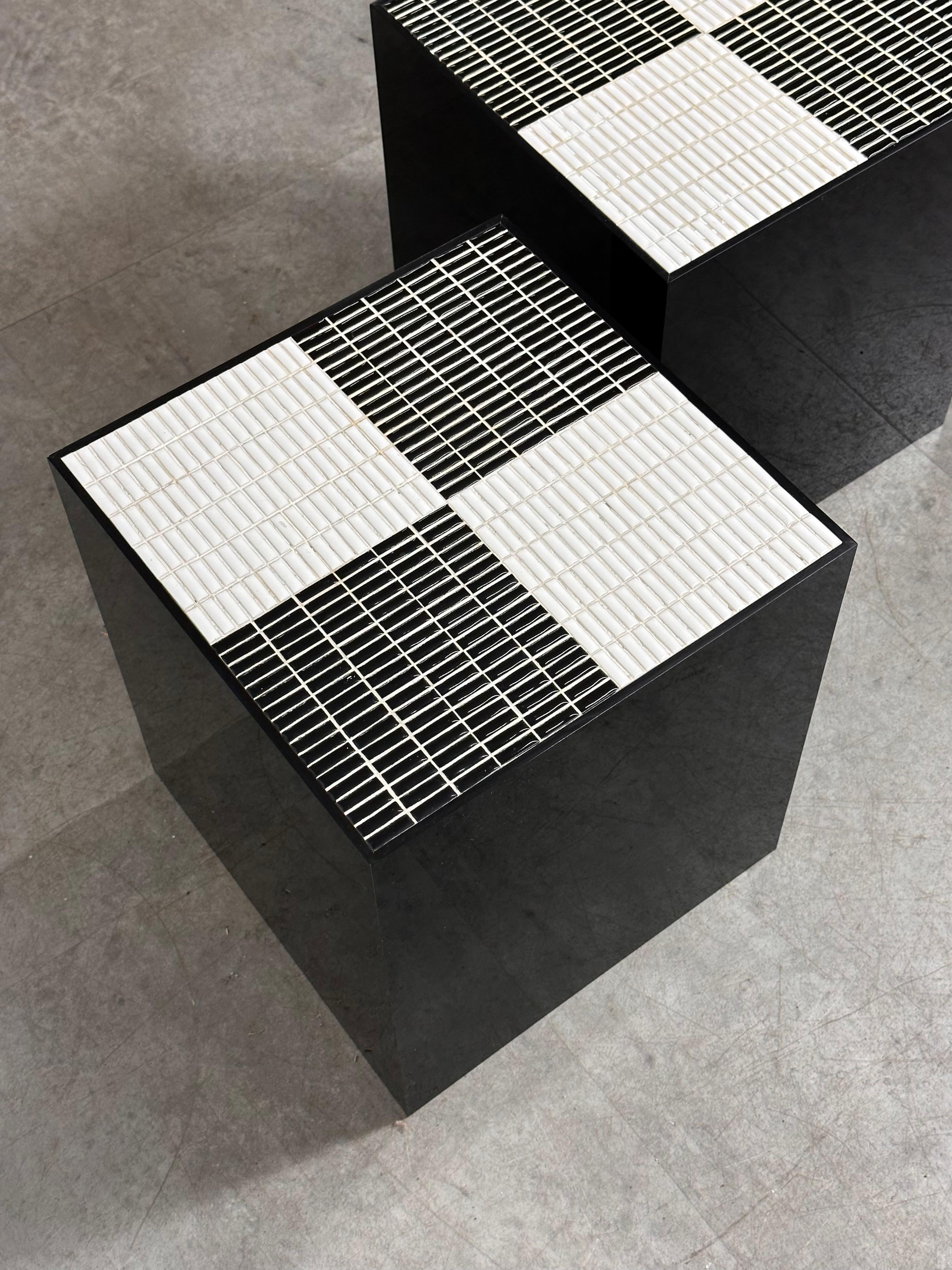 Pair Post Modern Black & White Smoked Lucite Mosaic Tile Cube Side Tables 1970s 2