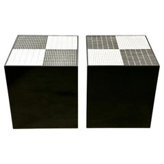 Pair Post Modern Black & White Smoked Lucite Mosaic Tile Cube Side Tables 1970s