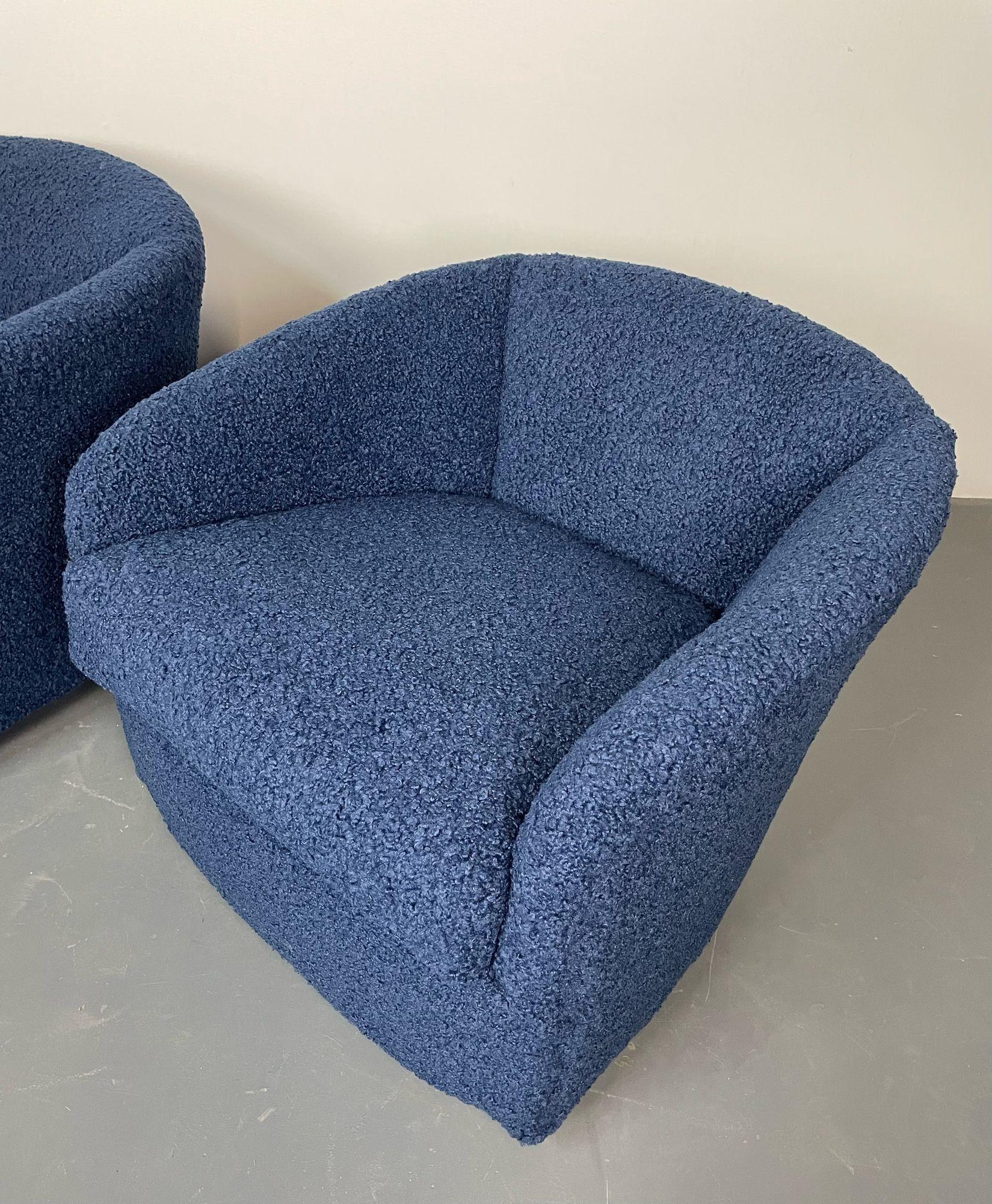 Pair MidCentury Modern Blue Barrel / Swivel Chairs, American Designer