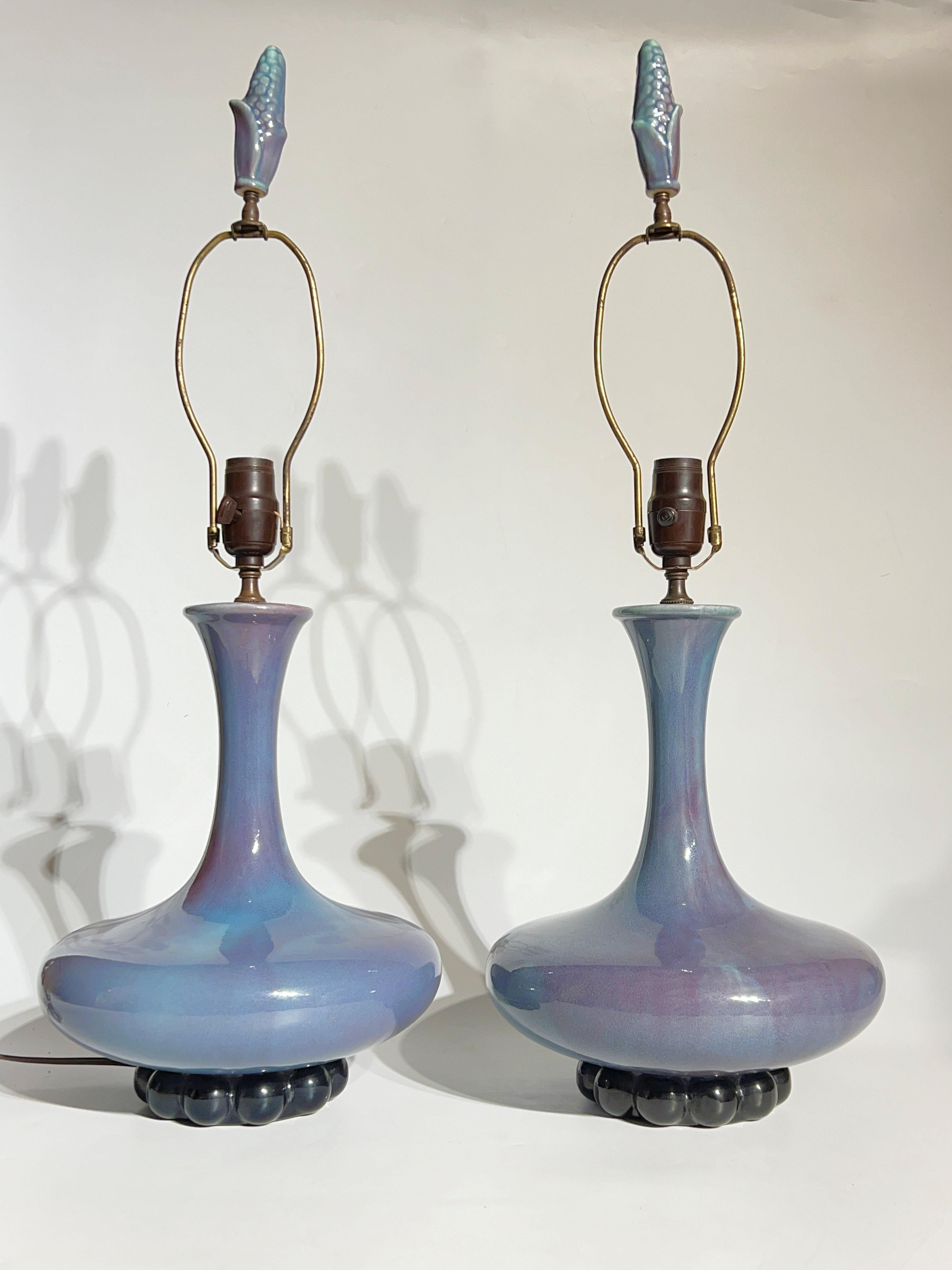 American Pair Mid-Century Modern Blue Flambe Glazed Ceramic Table Lamps by Haeger