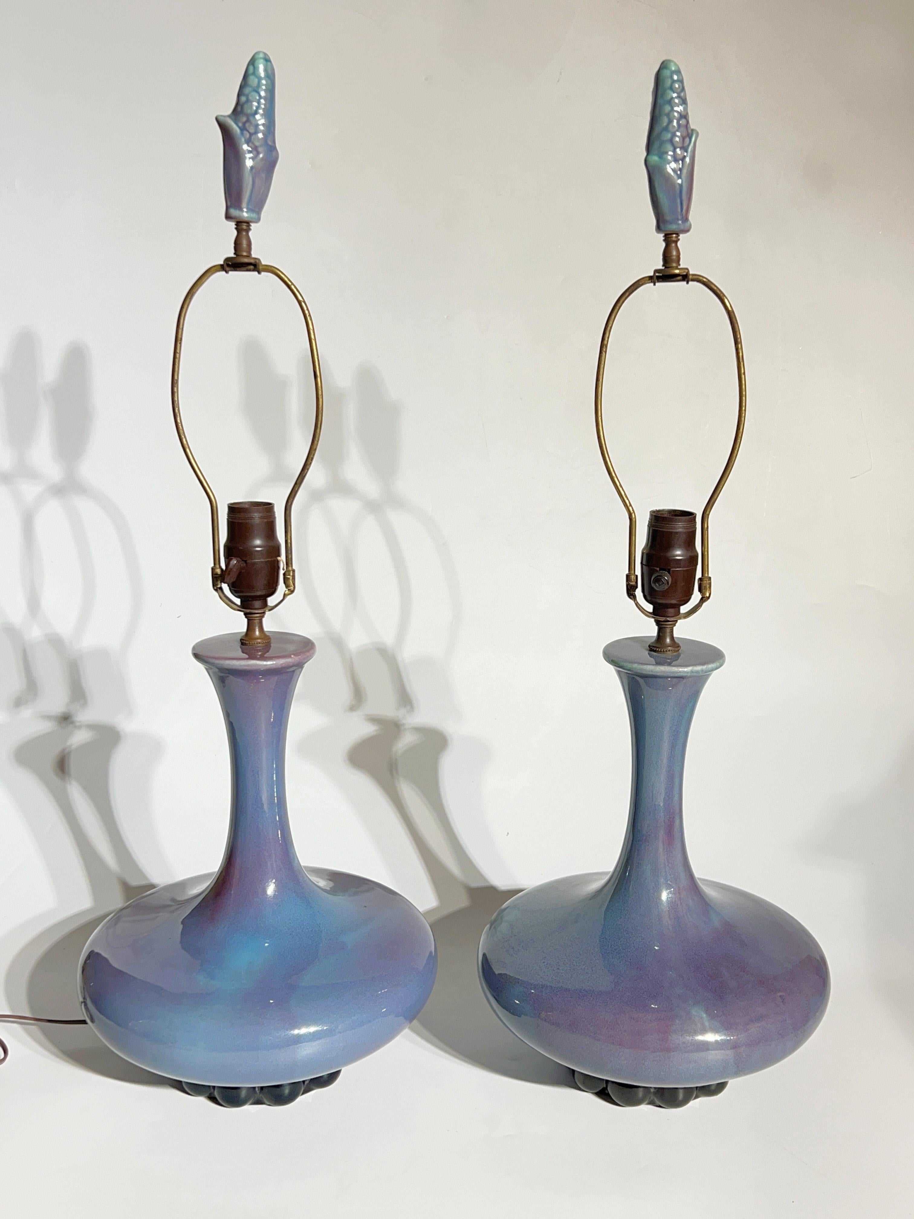 Pair Mid-Century Modern Blue Flambe Glazed Ceramic Table Lamps by Haeger In Good Condition In New York, NY
