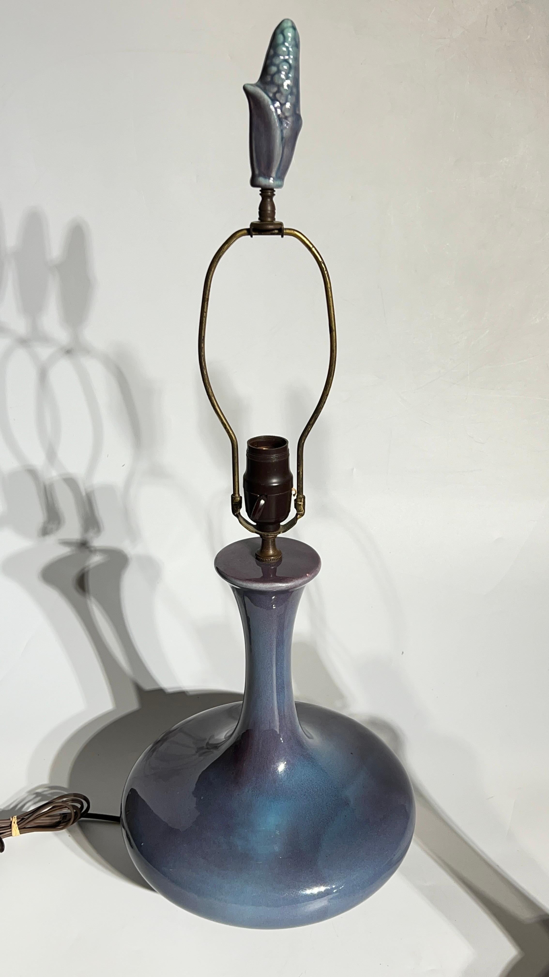 Pair Mid-Century Modern Blue Flambe Glazed Ceramic Table Lamps by Haeger 1