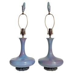 Paire de lampes de table en céramique émaillée bleue Flambe de Haeger, Modernité du milieu du siècle dernier