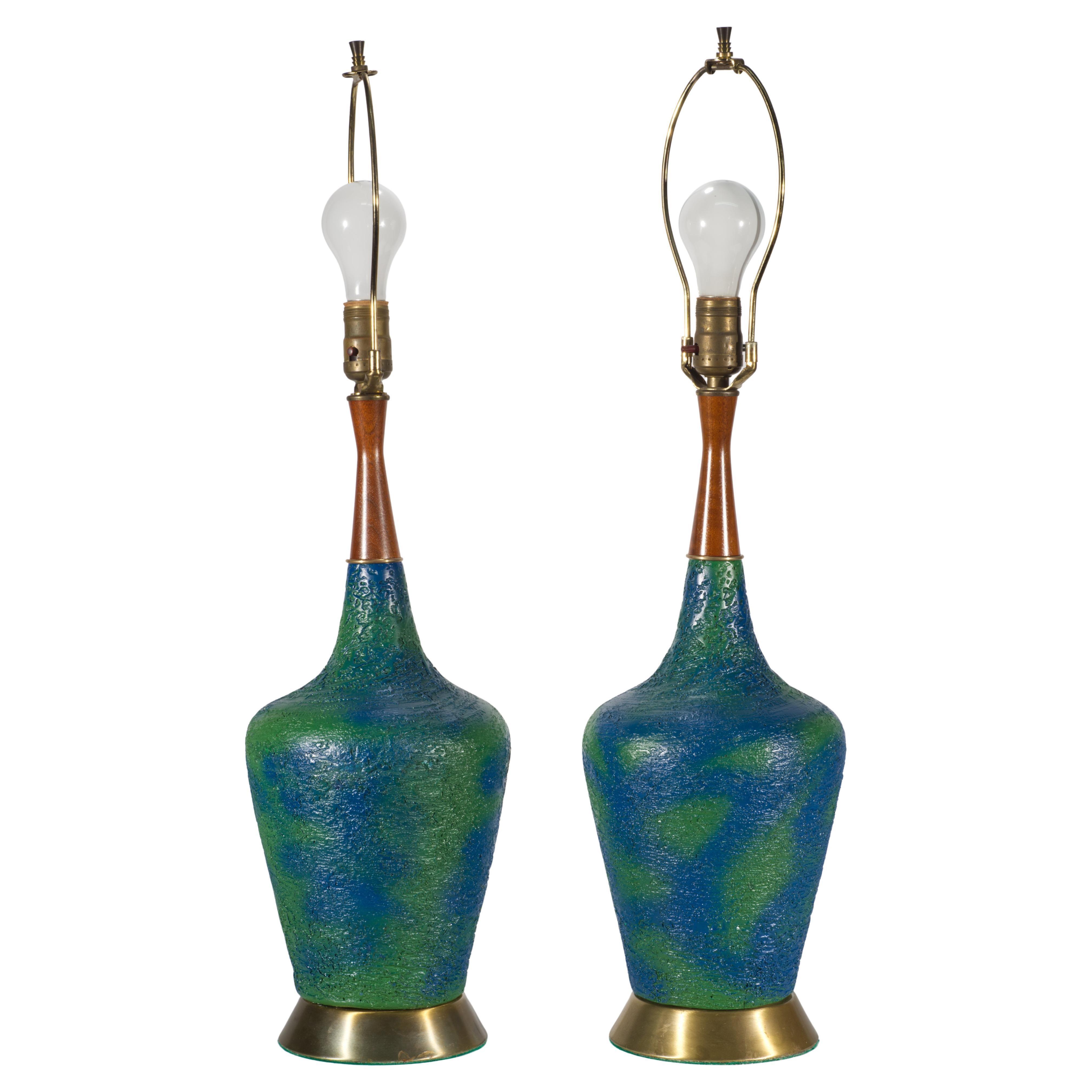 Pair Mid-Century Modern Blue Green Textured Glaze Ceramic Table Lamps