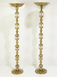 Pair Mid-Century Modern Brass and Glass Floor Lamps