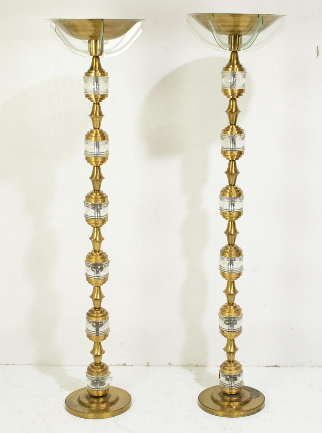20th Century Pair Mid-Century Modern Brass and Glass Floor Lamps For Sale