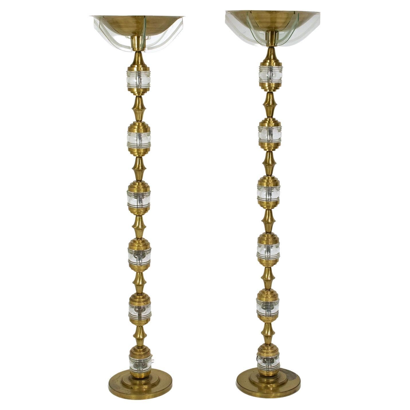 Pair Mid-Century Modern Brass and Glass Floor Lamps For Sale