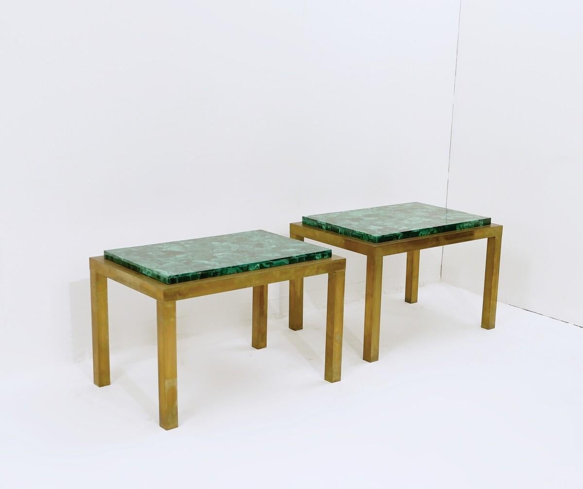 Pair Mid Century Modern Brass and malachite Side Tables 2