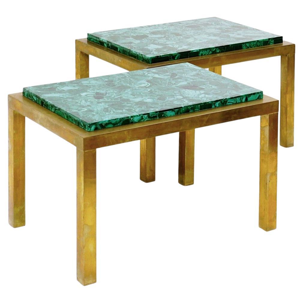 Pair Mid Century Modern Brass and malachite Side Tables