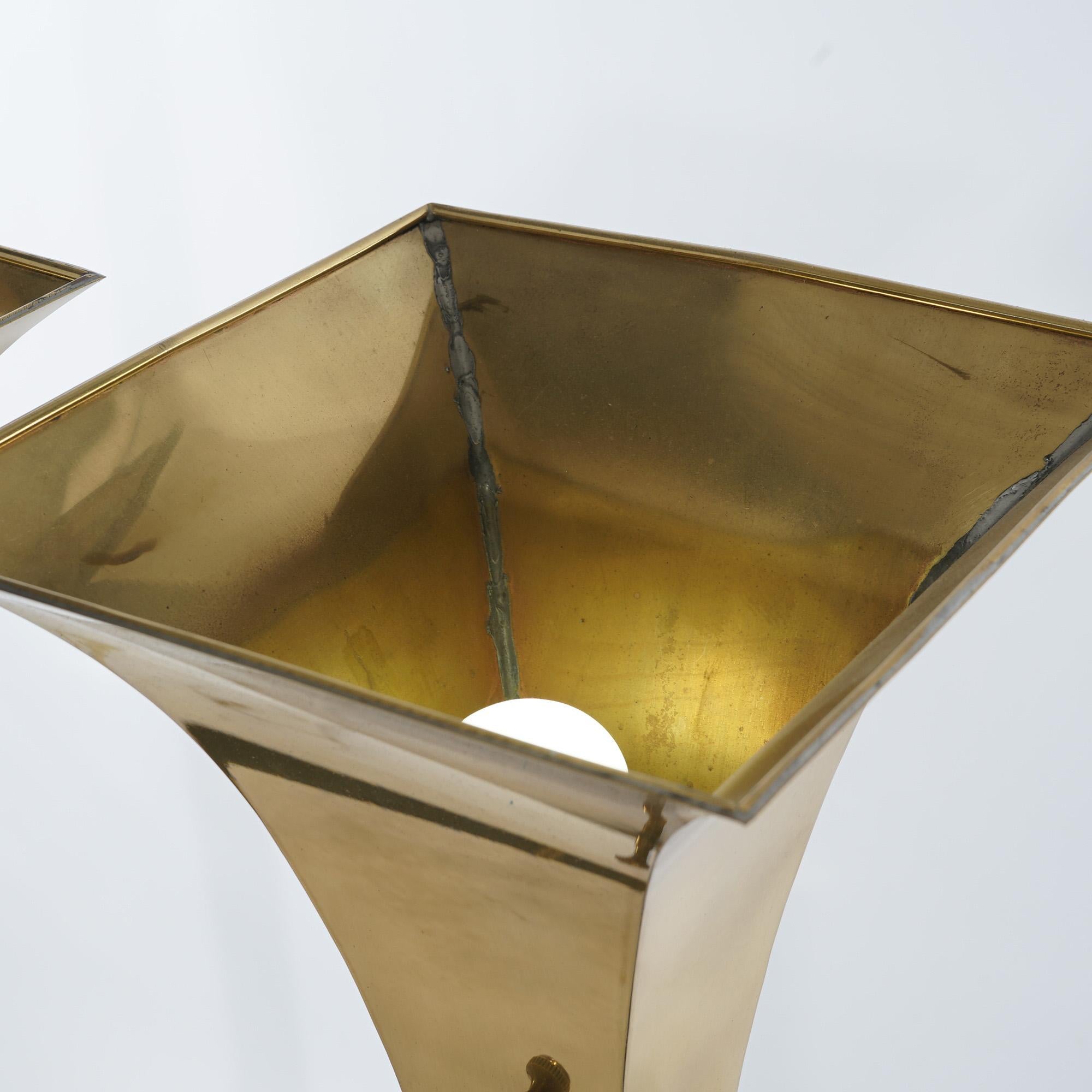 Pair Mid Century Modern Brass & Ebonized Torchiere Floor Lamps, 20th C 5