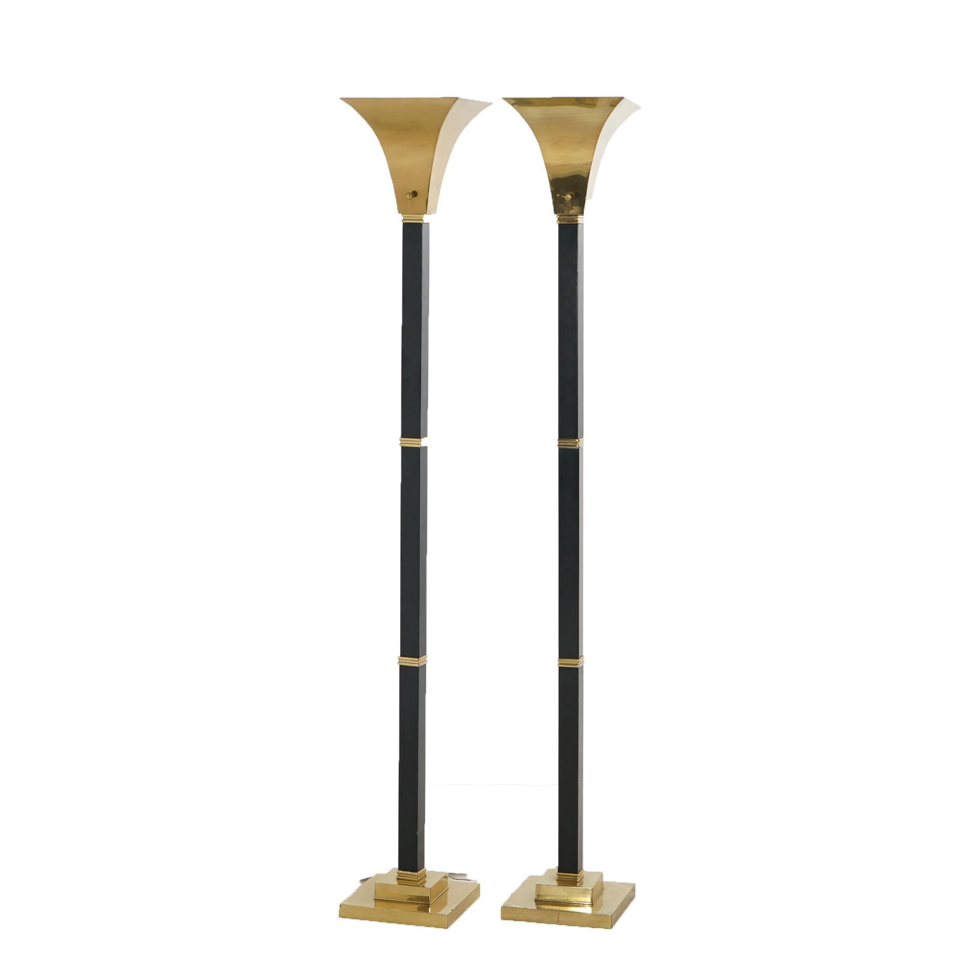 Pair Mid Century Modern Brass & Ebonized Torchiere Floor Lamps, 20th C In Good Condition In Big Flats, NY