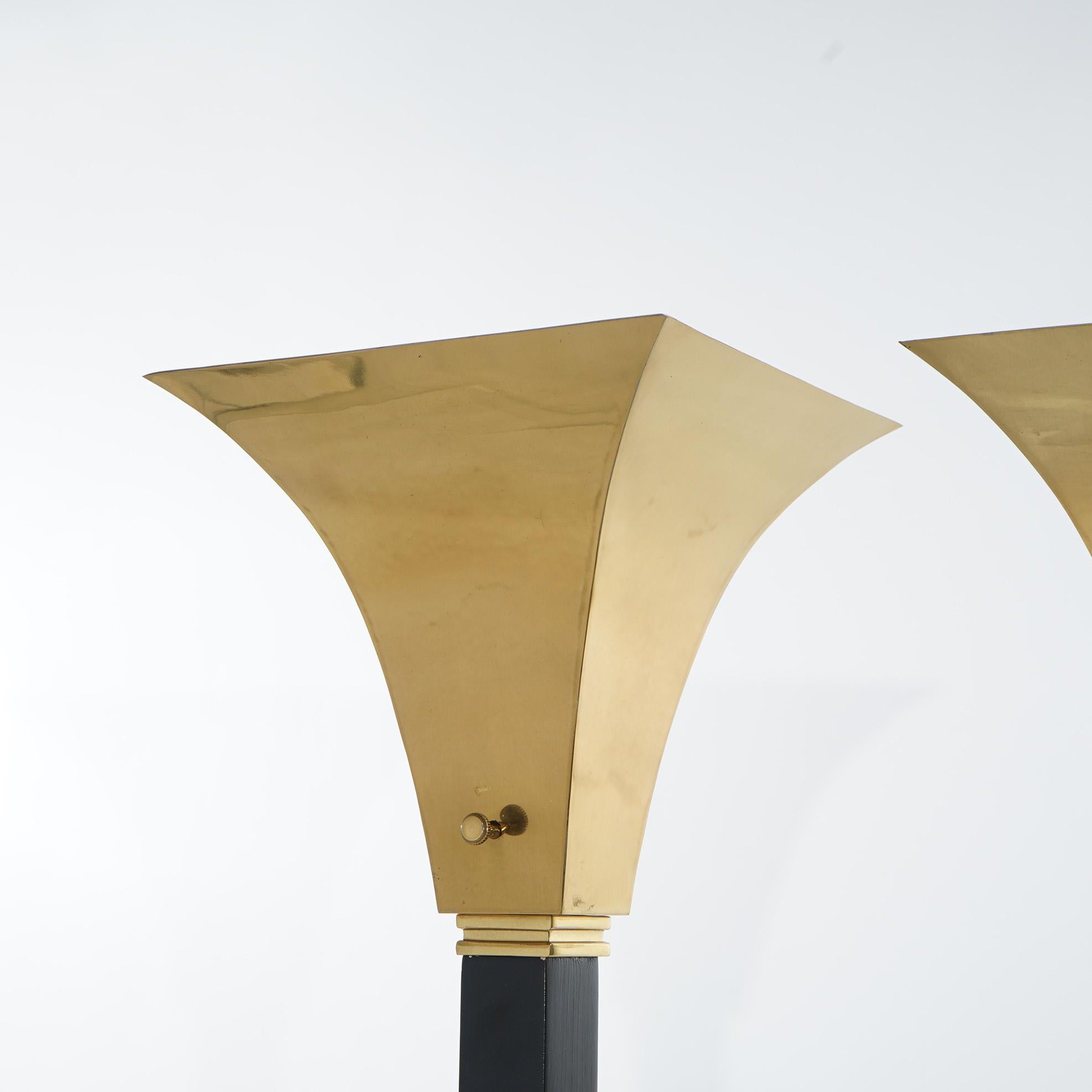 Metal Pair Mid Century Modern Brass & Ebonized Torchiere Floor Lamps, 20th C