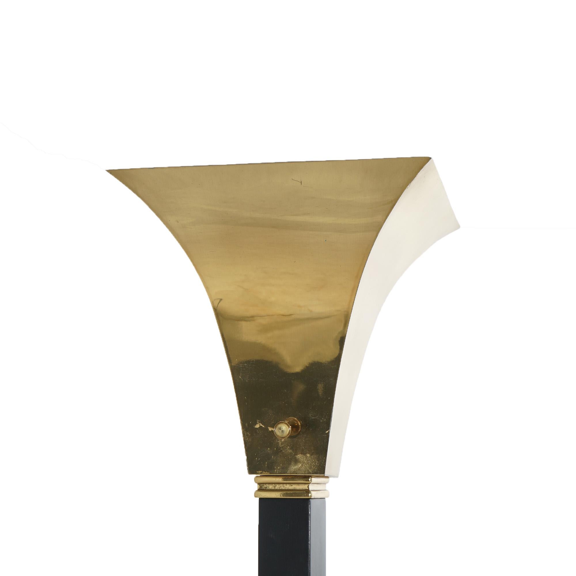 Pair Mid Century Modern Brass & Ebonized Torchiere Floor Lamps, 20th C 1