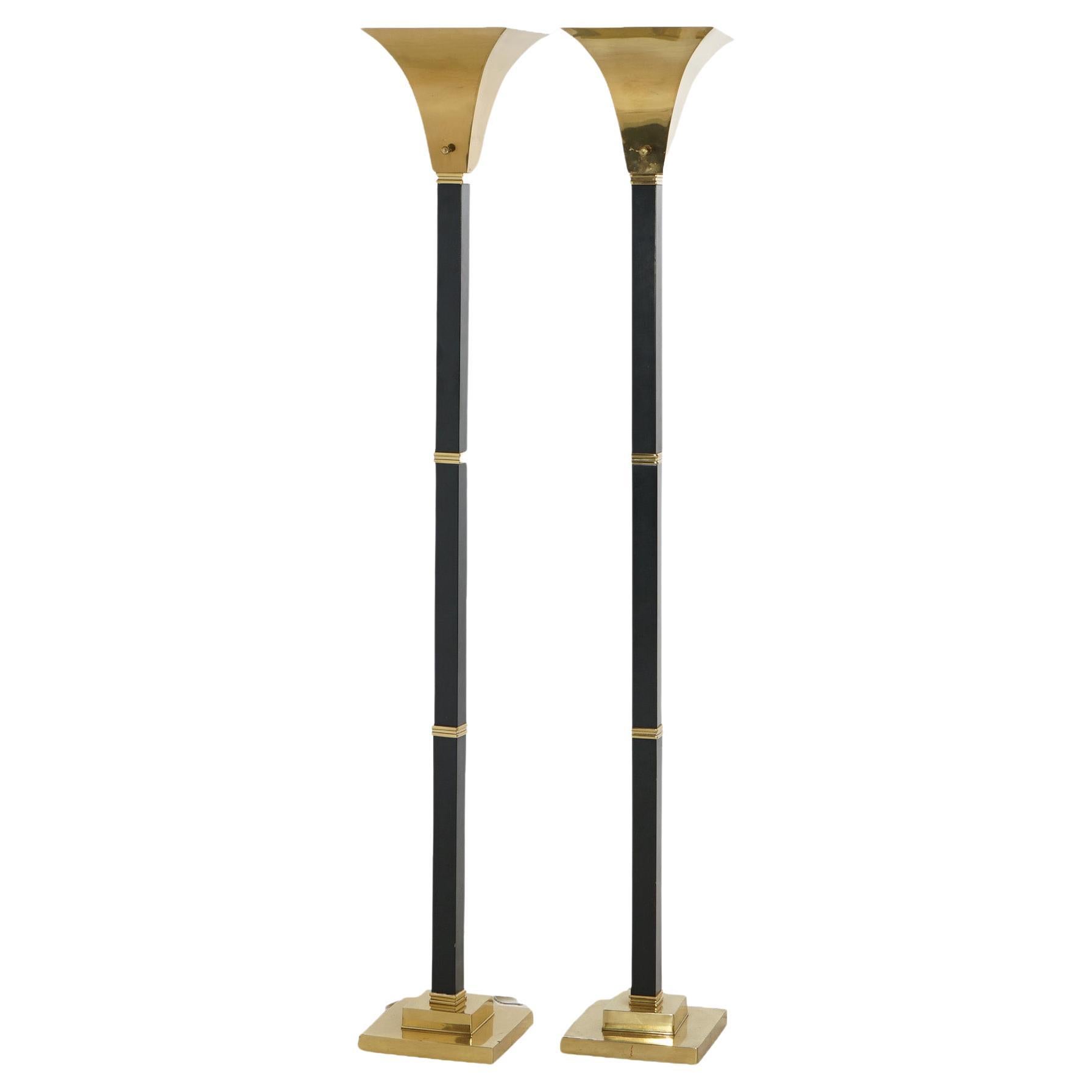 Pair Mid Century Modern Brass & Ebonized Torchiere Floor Lamps, 20th C