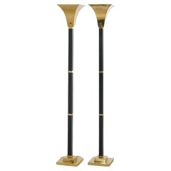 Pair Mid Century Modern Brass & Ebonized Torchiere Floor Lamps, 20th C