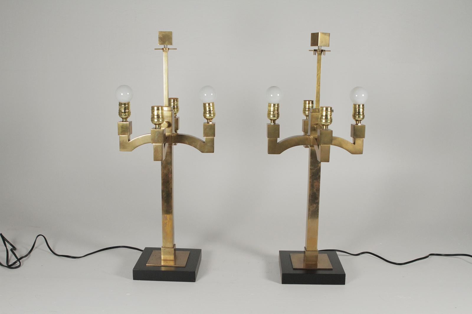 Pair Mid-Century Modern Brass Lamps Style Of Josef Hoffman Hand-Painted Shades
Dimensions 11”W x 11”D x 27”H.