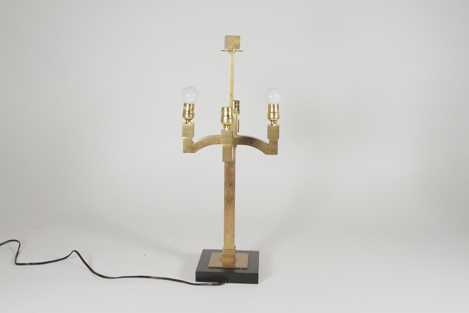20th Century Pair Mid-Century Modern Brass Lamps Style Of Josef Hoffman Hand-Painted Shades