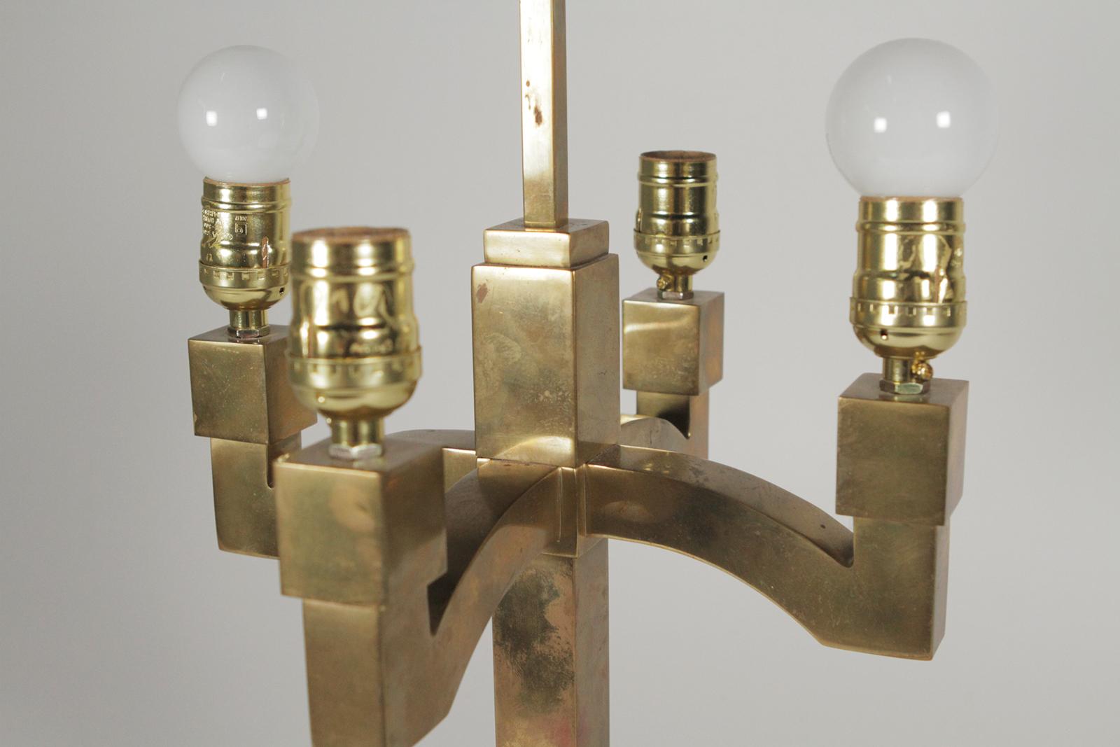 Pair Mid-Century Modern Brass Lamps Style Of Josef Hoffman Hand-Painted Shades 2