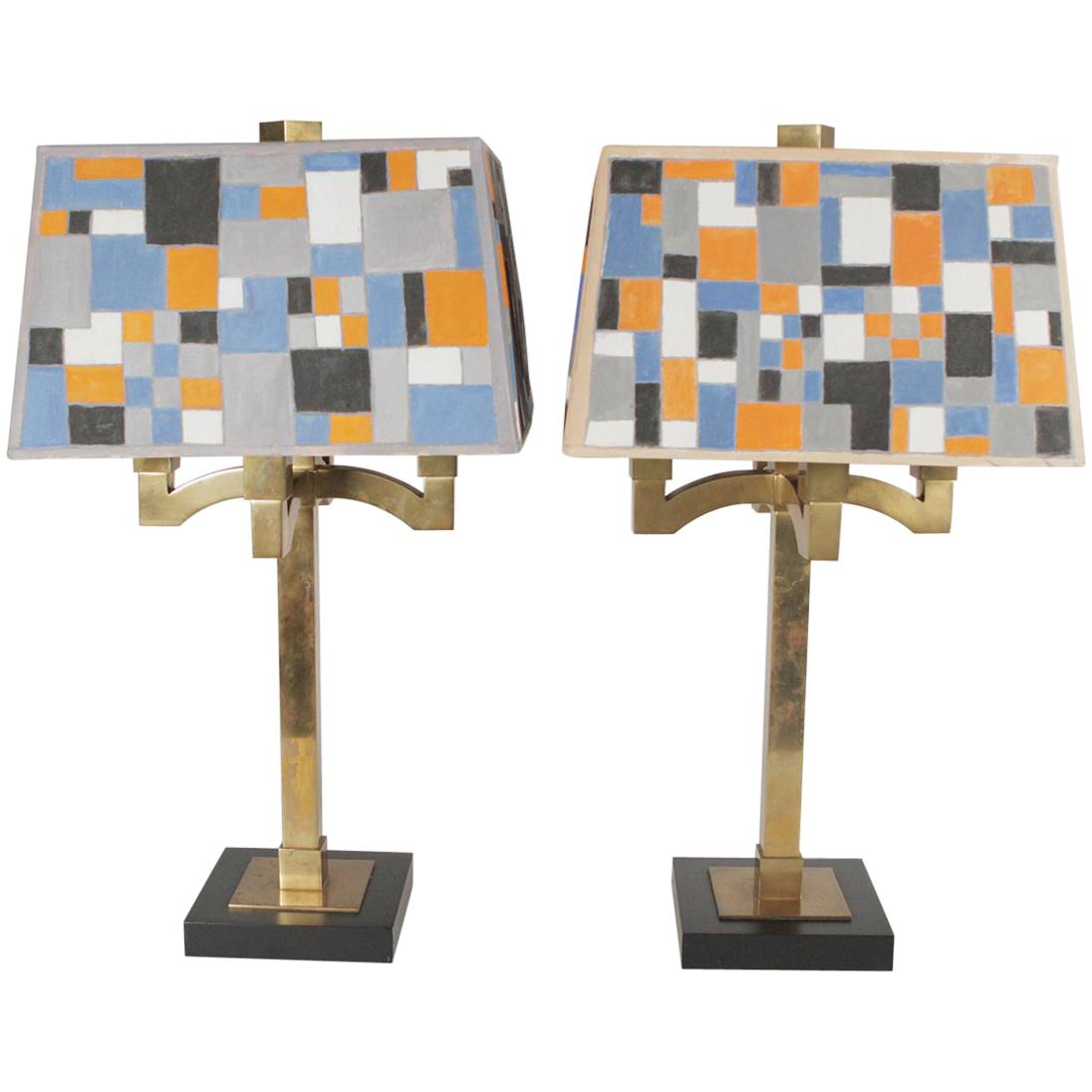 Pair Mid-Century Modern Brass Lamps Style Of Josef Hoffman Hand-Painted Shades