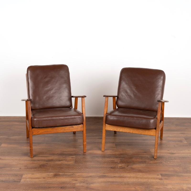 Danish Pair, Mid-Century Modern Brown Leather Arm Chairs from Denmark