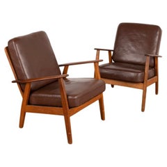 Pair, Mid-Century Modern Brown Leather Arm Chairs from Denmark