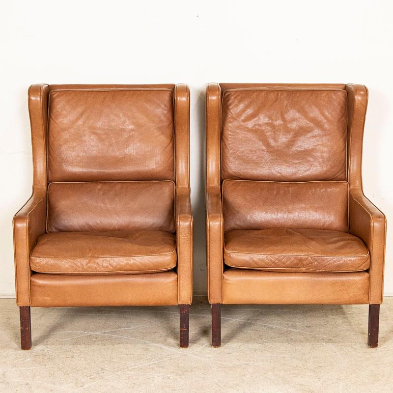 Danish Pair, Mid-Century Modern Brown Leather Ear Flap Club Chairs by Mogens Hansen fro