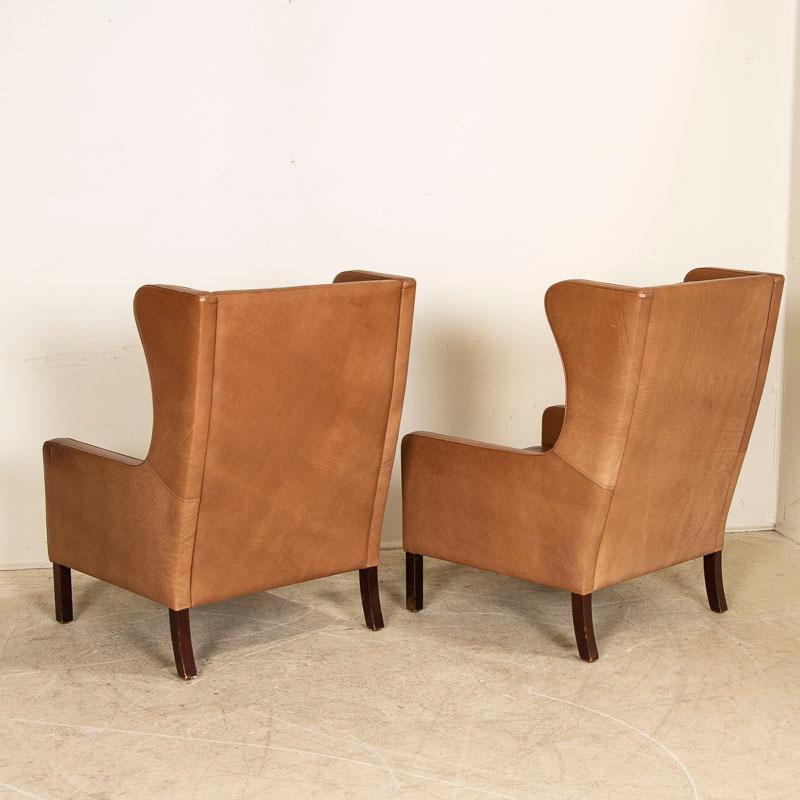 Pair, Mid-Century Modern Brown Leather Ear Flap Club Chairs by Mogens Hansen fro In Good Condition In Round Top, TX