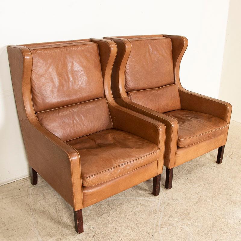 20th Century Pair, Mid-Century Modern Brown Leather Ear Flap Club Chairs by Mogens Hansen fro