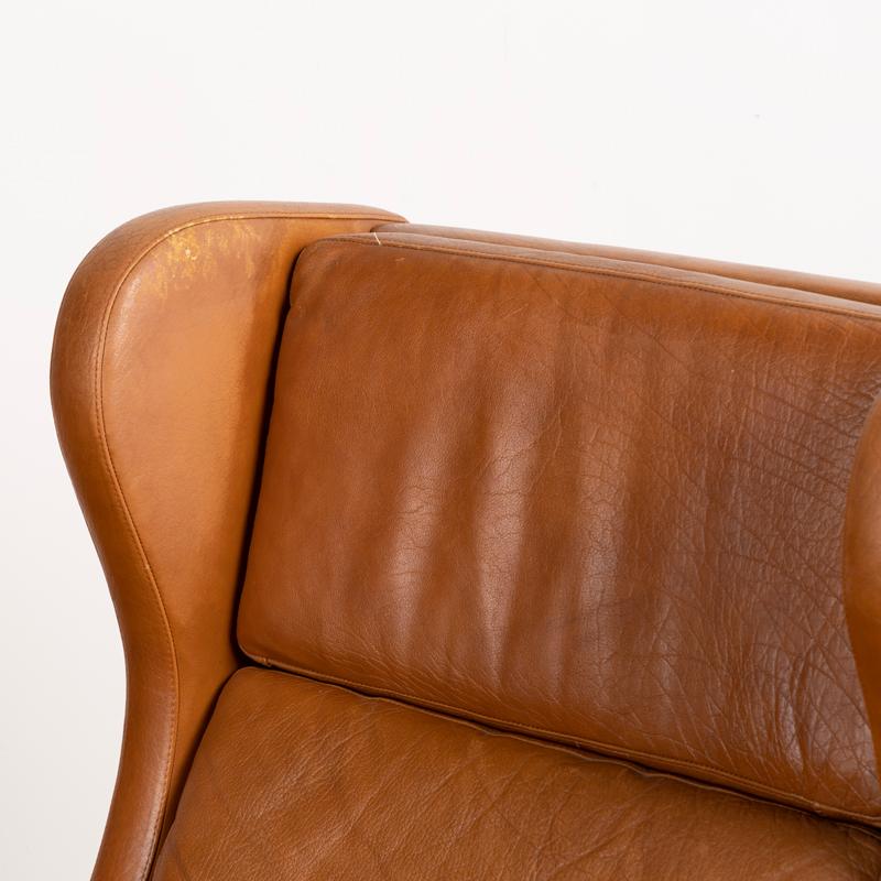20th Century Pair, Mid Century Modern Brown Leather Ear Flap Club Chairs by Mogens Hansen fro