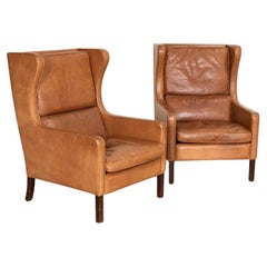 Pair, Mid-Century Modern Brown Leather Ear Flap Club Chairs by Mogens Hansen fro