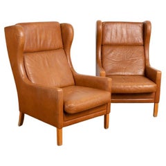 Pair, Mid Century Modern Brown Leather Ear Flap Club Chairs by Mogens Hansen fro