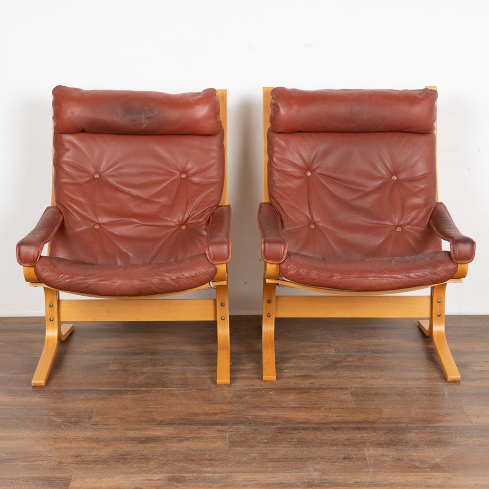 Danish Pair, Mid-Century Modern Brown Vintage Leather Lounge Chairs, Denmark circa 1970 For Sale
