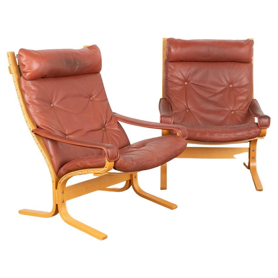 Pair, Mid-Century Modern Brown Vintage Leather Lounge Chairs, Denmark circa 1970