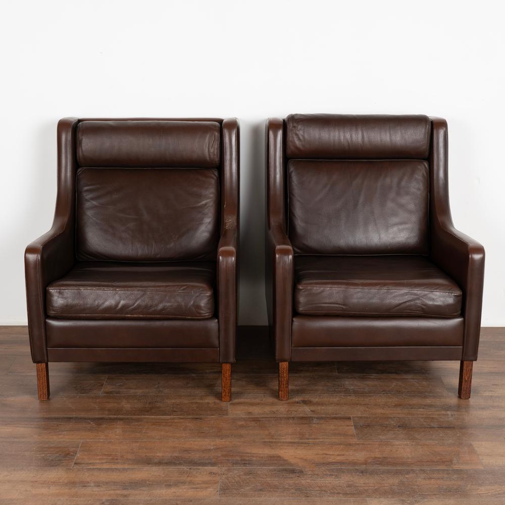 Danish Pair, Mid-Century Modern Brown Vintage Leather Wingback Arm Chairs by Mogens Han
