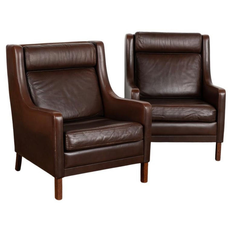 Pair, MidCentury Modern Brown Vintage Leather Wingback Arm Chairs by