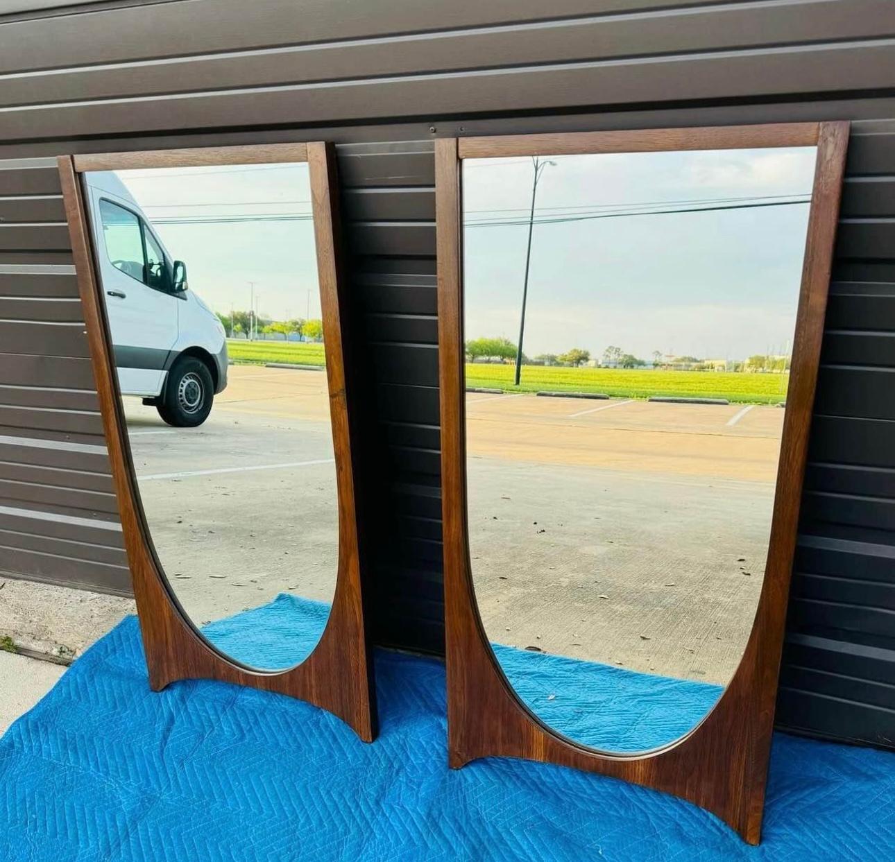Pair Mid Century Modern Broyhill Brasilia Walnut Mirrors In Good Condition In Stafford, TX