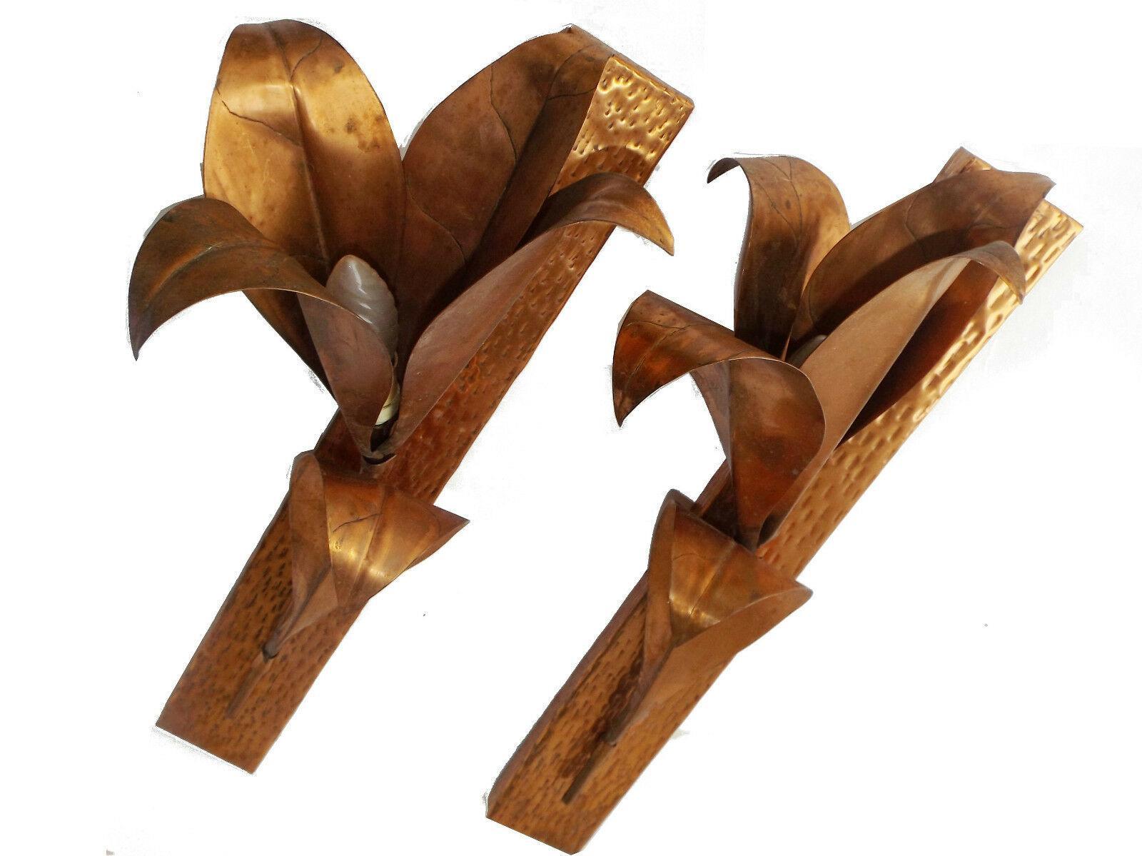 Mid-Century Modern Pair Mid Century Modern Brutalist Copper Lily Form Wall Sconces Attrib. Barbi For Sale