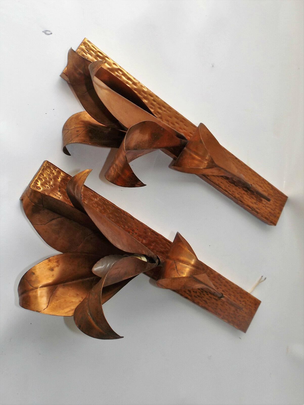 French Pair Mid Century Modern Brutalist Copper Lily Form Wall Sconces Attrib. Barbi For Sale