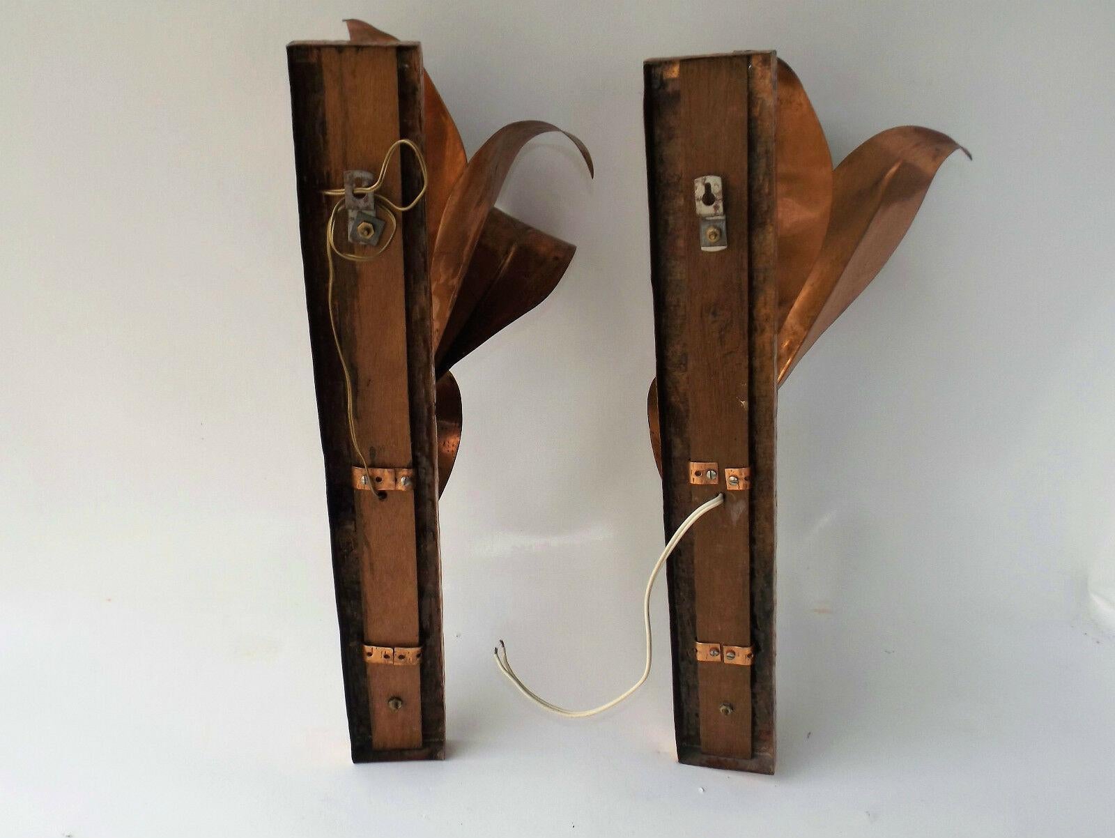 Late 20th Century Pair Mid Century Modern Brutalist Copper Lily Form Wall Sconces Attrib. Barbi For Sale
