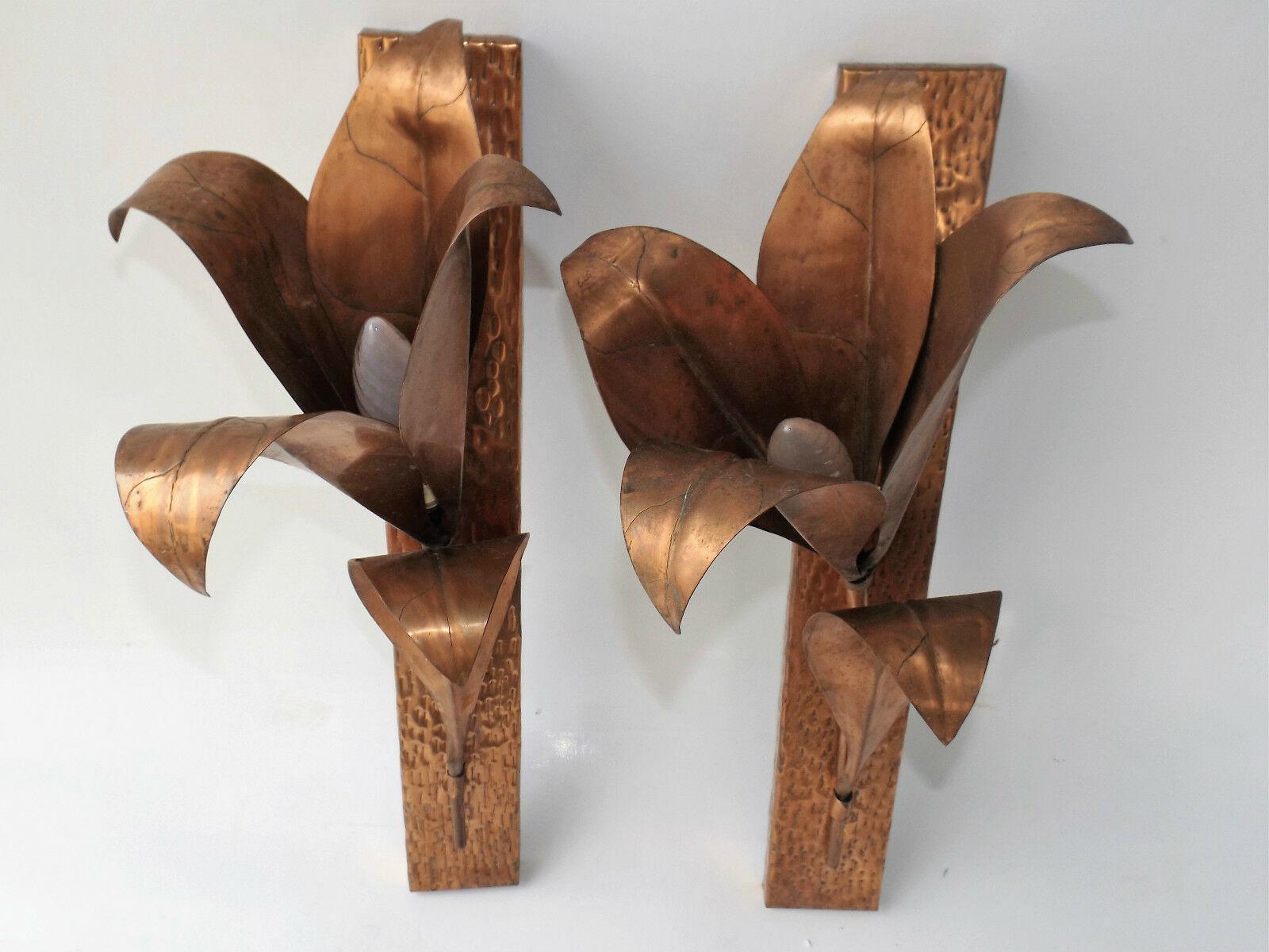 Pair Mid Century Modern Brutalist Copper Lily Form Wall Sconces Attrib. Barbi For Sale 1