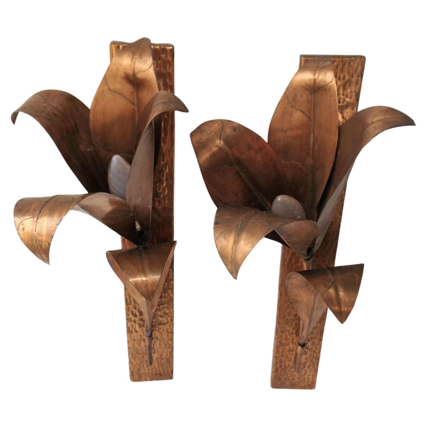 Pair Mid Century Modern Brutalist Copper Lily Form Wall Sconces Attrib. Barbi For Sale