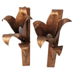 Vintage Pair Mid Century Modern Brutalist Copper Lily Form Wall Sconces Attrib. Barbi